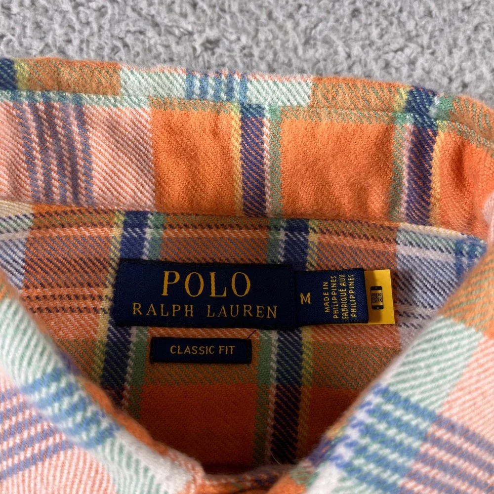 Polo Ralph Lauren Mens Medium Classic Fit Orange Plaid Flannel Button Down Shirt
